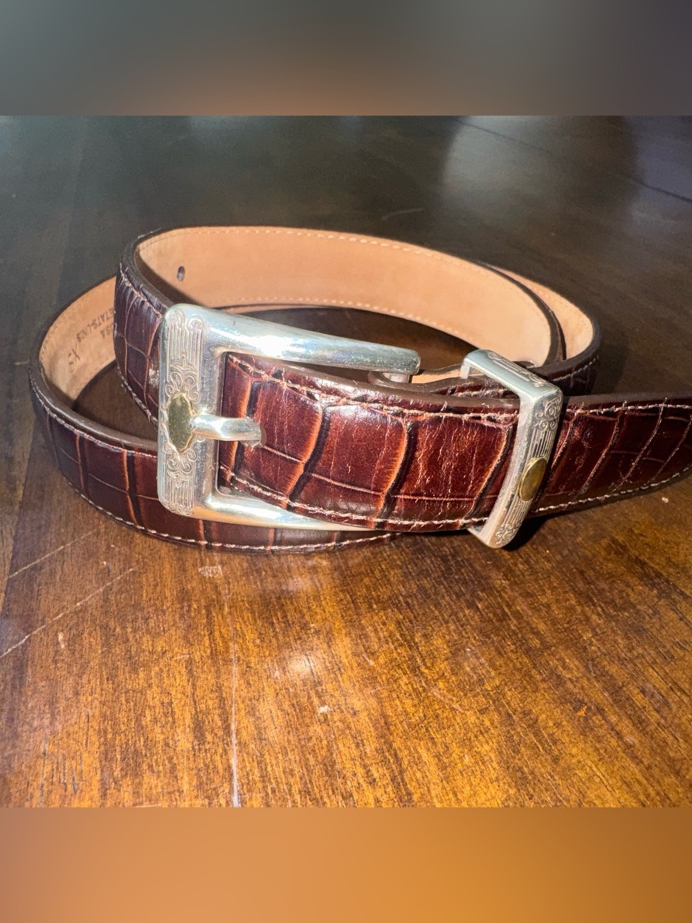 Talbots Brown Textured Leather Belt Silver Buckle Womens XS Adjustable #6302